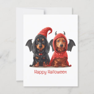 Postal Feliz Halloween Dachshund Perros Devil Bat