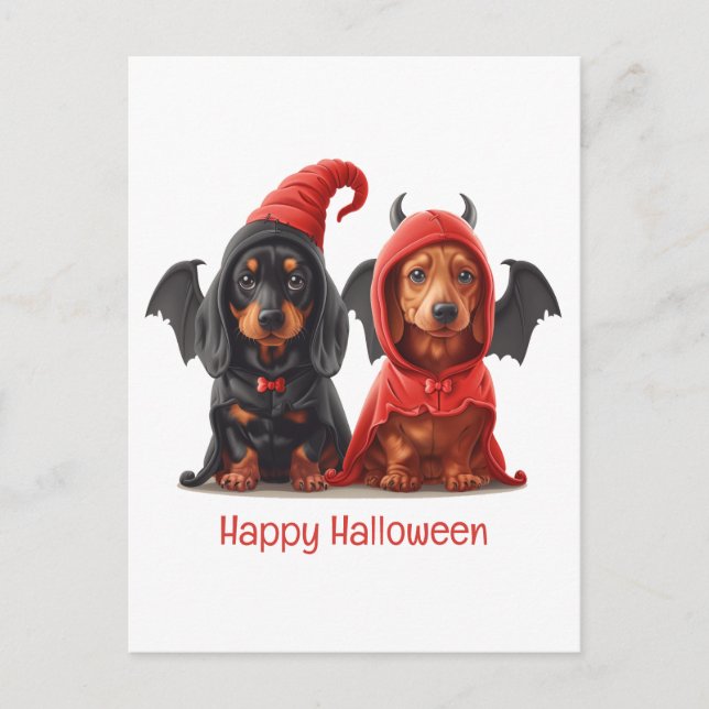 Postal Feliz Halloween Dachshund Perros Devil Bat (Anverso)