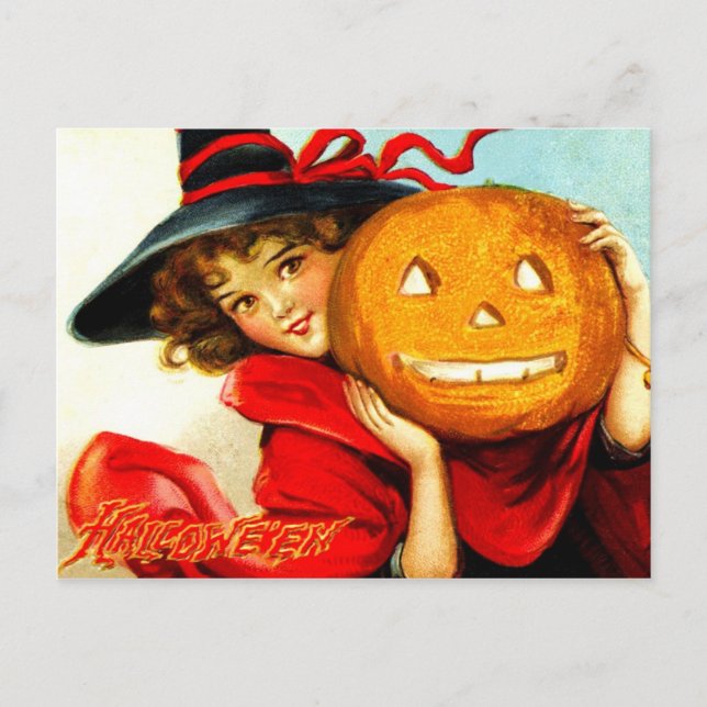 Postal Feliz Halloween de la bruja en rojo (Anverso)