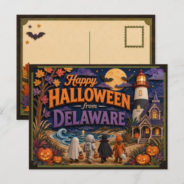 Postal Feliz Halloween de Niños de Delaware (Anverso / Reverso)