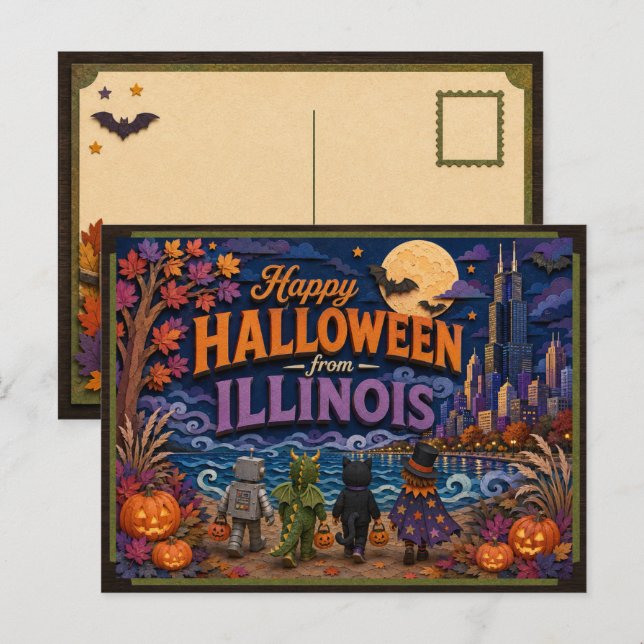 Postal Feliz Halloween de Niños de Illinois (Anverso / Reverso)