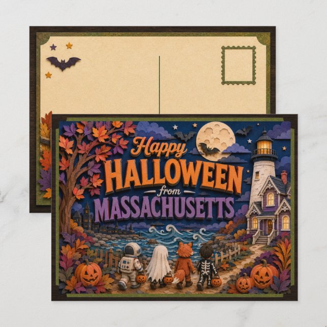 Postal Feliz Halloween de Niños de Massachusetts (Anverso / Reverso)