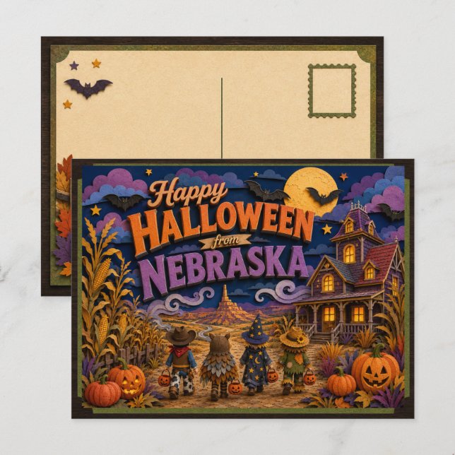 Postal Feliz Halloween de Niños de Nebraska (Anverso / Reverso)