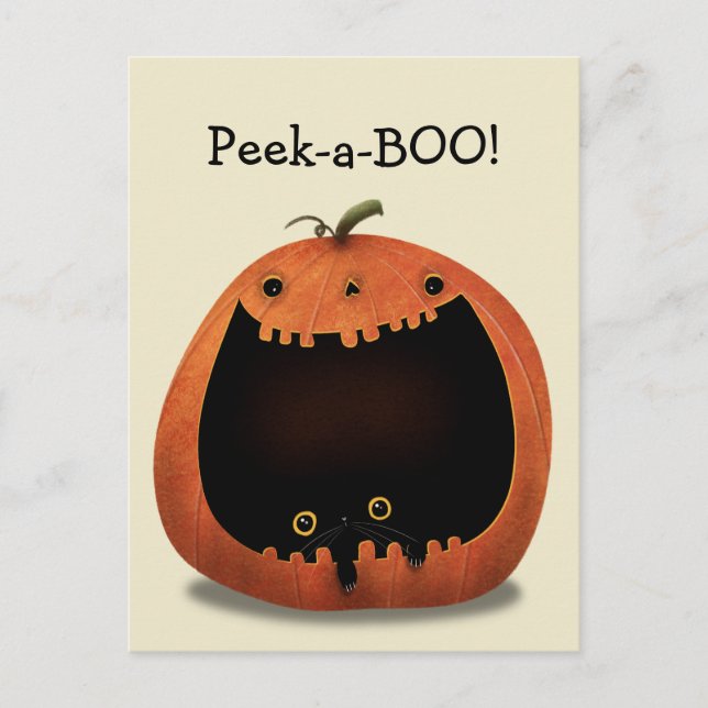 Postal Feliz Halloween Decoración Gato Negro en Calabaza (Anverso)