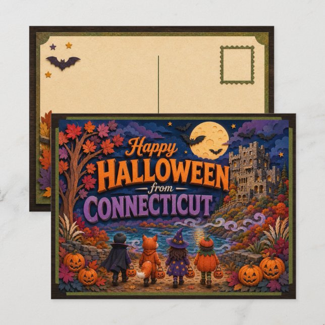 Postal Feliz Halloween desde Connecticut Kids (Anverso / Reverso)