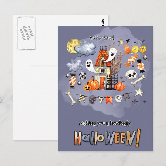 Postal Feliz Halloween. Divertida casa de fantasía (Anverso / Reverso)
