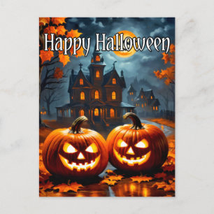 Postal Feliz Halloween, encantadora y atormentada casa