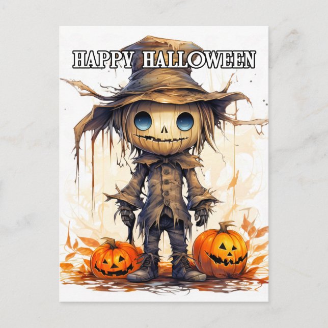 Postal Feliz Halloween | Espantapájaros de trapo adorable (Anverso)
