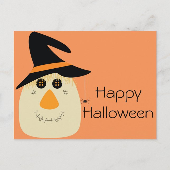 Postal Feliz Halloween, espantapájaros y araña (Anverso)