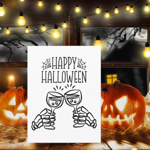 Postal Feliz Halloween Esqueleto Vino Brindis Moderno Ele