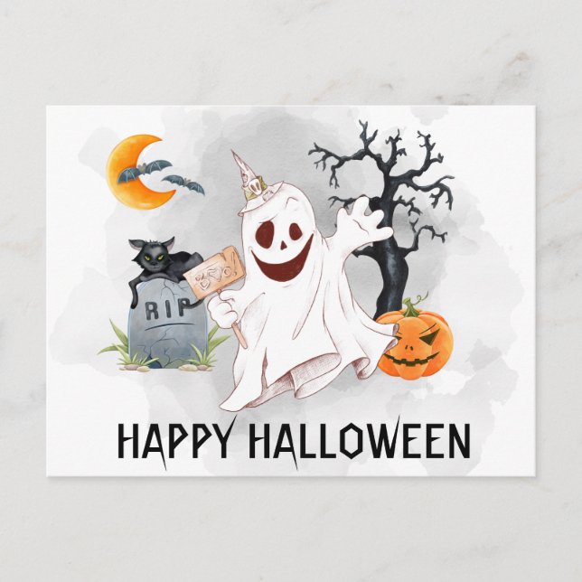 Postal Feliz Halloween Fantasma Acuarela (Anverso)