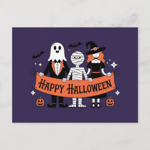 Postal Feliz Halloween   Fantasma, Momia y Bruja Adorable