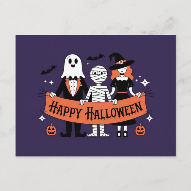 Postal Feliz Halloween | Fantasma, Momia y Bruja Adorable (Anverso)