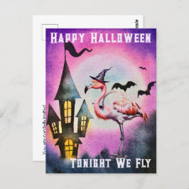 Postal Feliz Halloween Flamingo Bats Haunted Castle