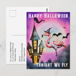 Postal Feliz Halloween Flamingo Bats Haunted Castle