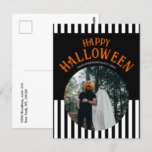 Postal Feliz Halloween foto en franja blanca y negra