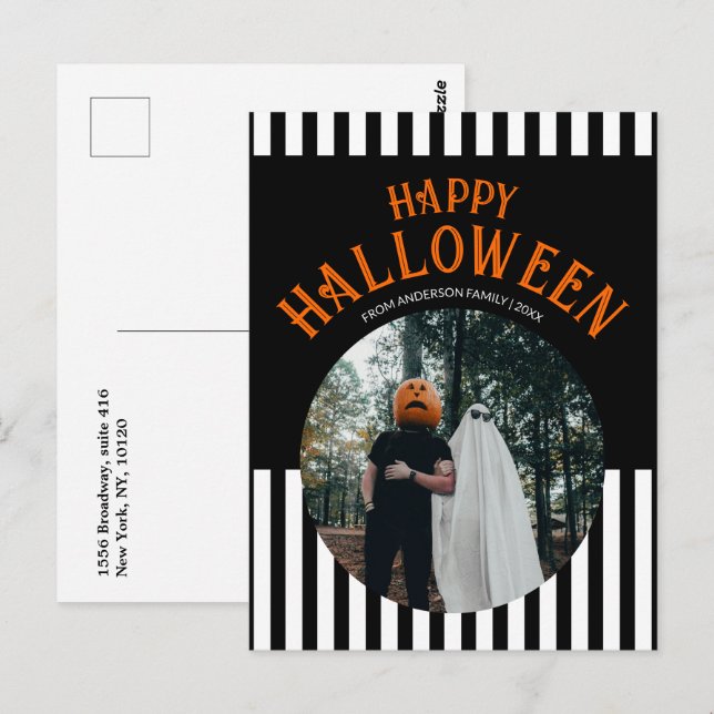 Postal Feliz Halloween foto en franja blanca y negra (Anverso / Reverso)