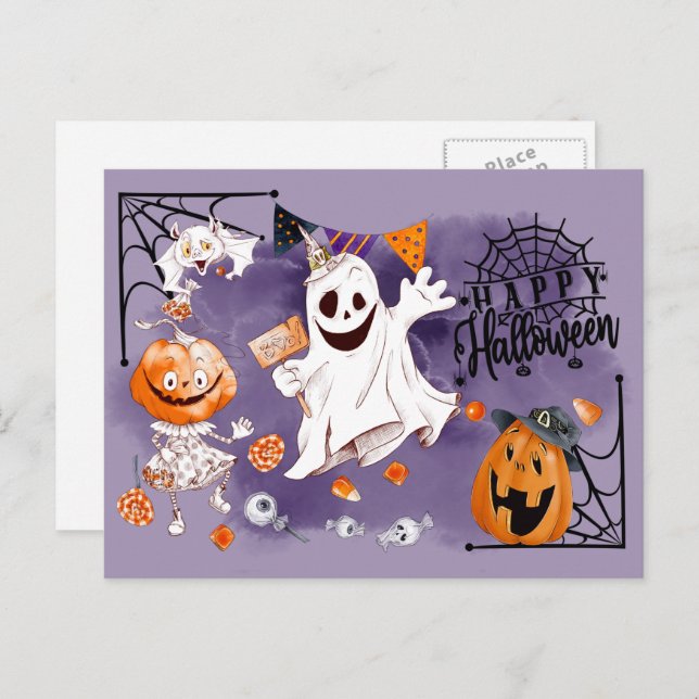 Postal Feliz Halloween. Fun Ghost, Jack O'Lantern (Anverso / Reverso)