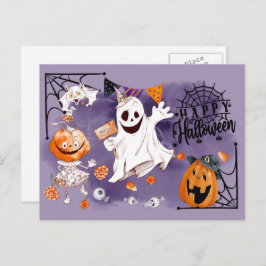 Postal Feliz Halloween. Fun Ghost, Jack O'Lantern