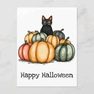 Postal Feliz Halloween Gatito Negro Lindo Calabazas