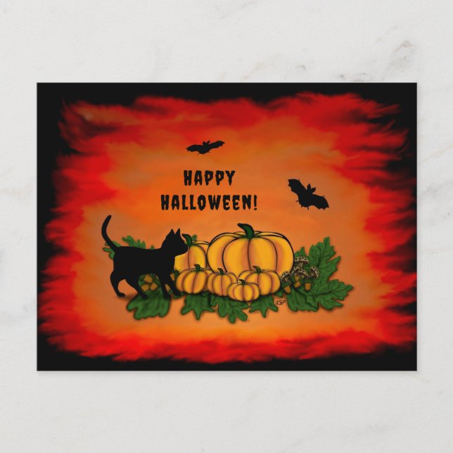Postal Feliz Halloween, Gato Negro, Bat y Calabaza (Anverso)