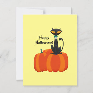 Postal Feliz Halloween, gato negro/calabaza,