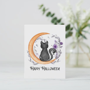 Postal Feliz Halloween - Gato negro en la luna creciente