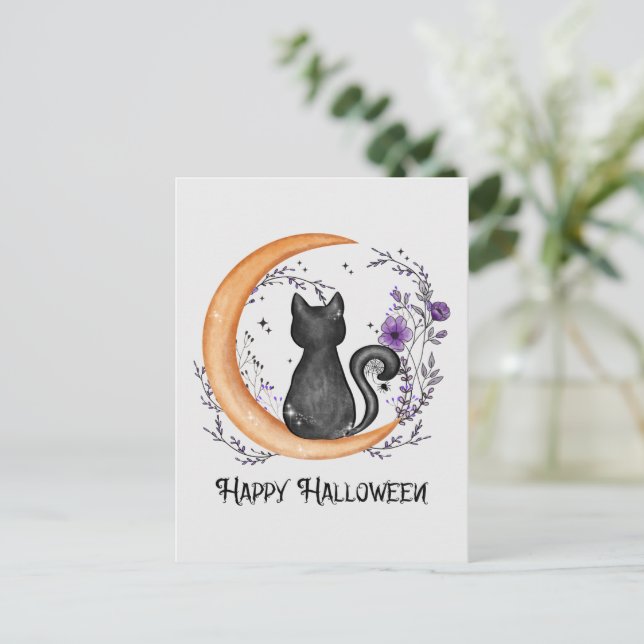 Postal Feliz Halloween - Gato negro en la luna creciente (Anverso de pie)