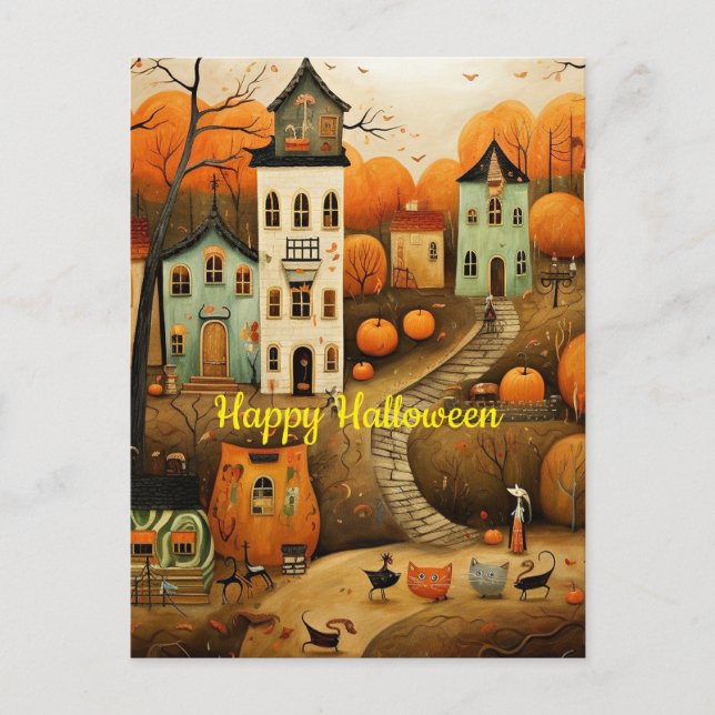 Postal Feliz Halloween ilustración colorida (Anverso)