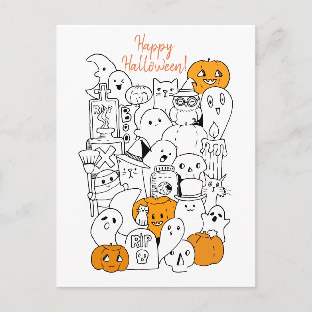 Postal Feliz Halloween Kawaii Doodle (Anverso)