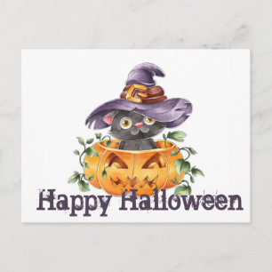 Postal Feliz Halloween lindo gato negro, calabaza y Gorra