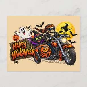Postal Feliz Halloween Motocicleta Espeluznante Esqueleto