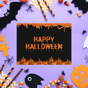 Postal Feliz Halloween Mugriento Goteante Naranja y Negro