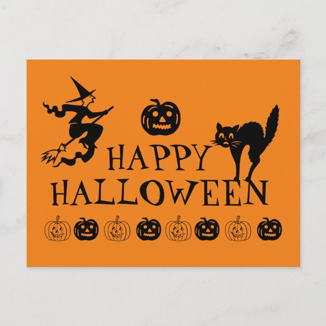 Postal Feliz Halloween negro y naranja espantado (Anverso)