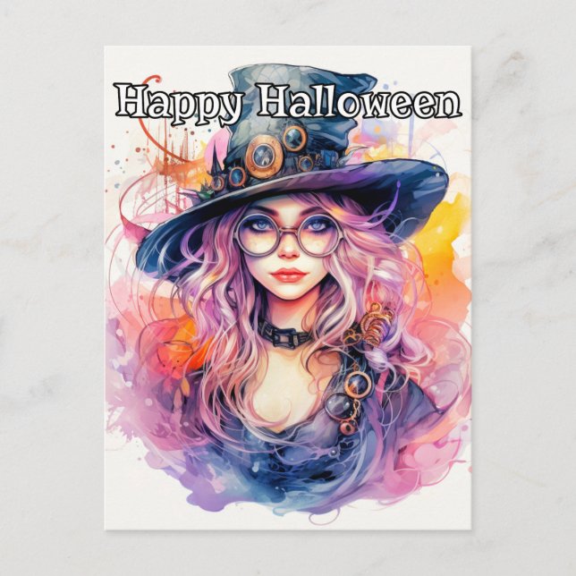 Postal Feliz Halloween - Nerdy Witch Ilustracion (Anverso)