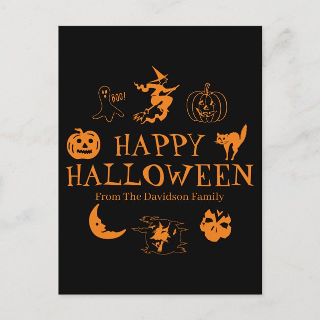 Postal Feliz Halloween nombre personalizado naranja negro (Anverso)
