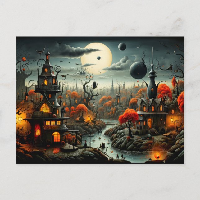 Postal Feliz Halloween | Paisaje gótico embrujado (Anverso)