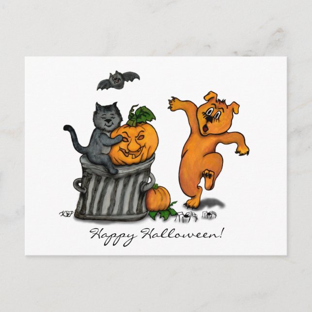 Postal ¡Feliz Halloween! Perro de gato y araña (Anverso)