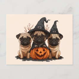 Postal Feliz Halloween Pugs Jack O Lanterns