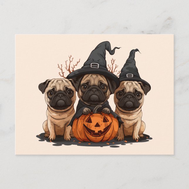 Postal Feliz Halloween Pugs Jack O Lanterns (Anverso)