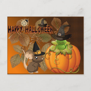 Postal Feliz Halloween, ratones, calabazas y ranas