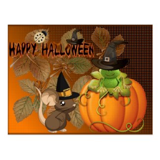 Postal Feliz Halloween, ratones, calabazas y ranas