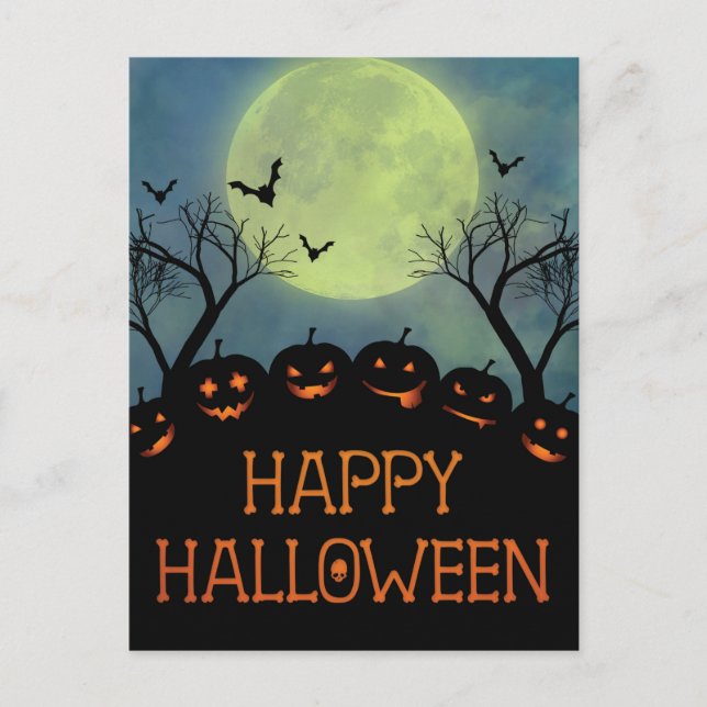 Postal Feliz Halloween Scary Pumpkins Bats (Anverso)