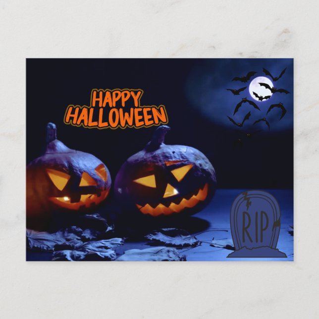 Postal Feliz Halloween Scary Pumpkins, QEPD, Bats (Anverso)