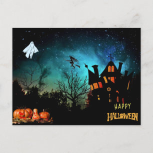 Postal Feliz Halloween Scary Witch, Ghost and Pumpkins