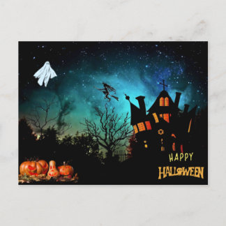 Postal Feliz Halloween Scary Witch, Ghost and Pumpkins