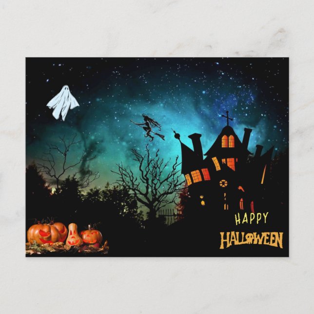 Postal Feliz Halloween Scary Witch, Ghost and Pumpkins (Anverso)