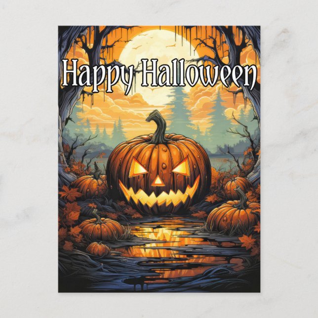 Postal Feliz Halloween Siniestro Calabaza Brillante En Ot (Anverso)