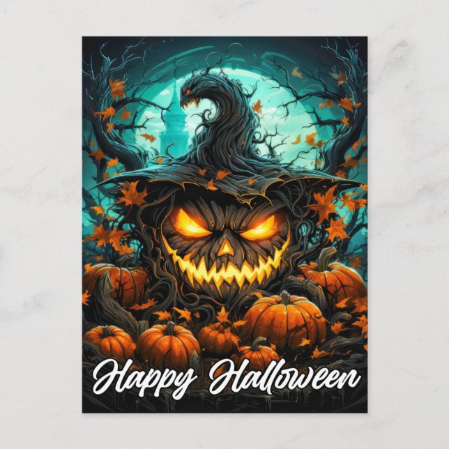 Postal Feliz Halloween Siniestro Iluminando Calabaza Mad (Anverso)