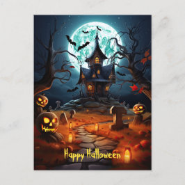 Postal Feliz Halloween Skeleton Skull Hauned House